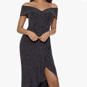 XSCAPE NWT Off The-Shoulder Fit & Flare Black Glitter Dress Size 12